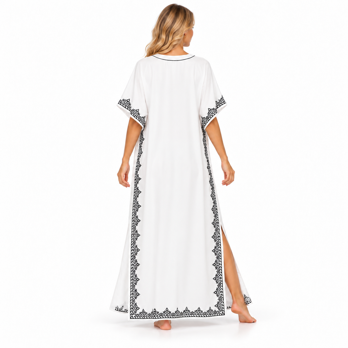Elegant White Black Embroidered Modern Kaftan