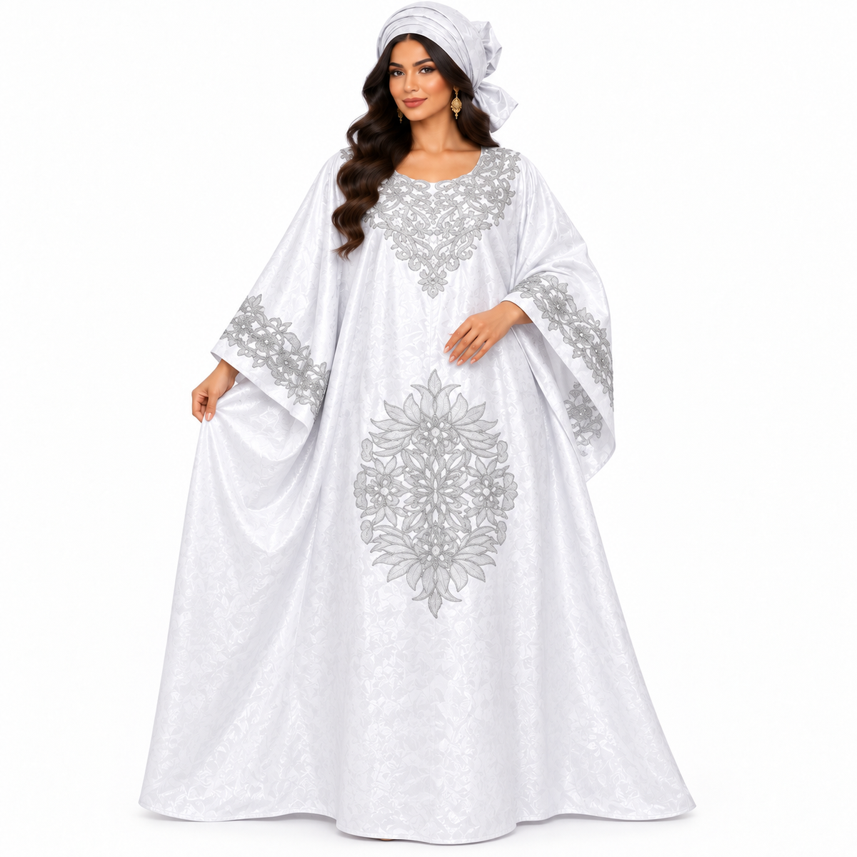 White Silver Embroidered Luxury Baju Kaftan