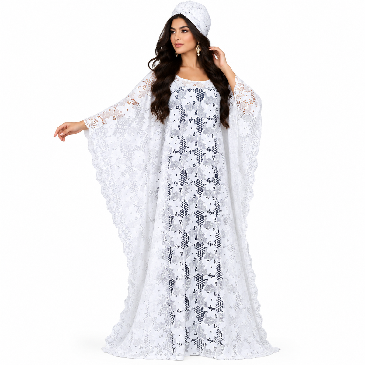 White Floral Lace Baju Kaftan Dress