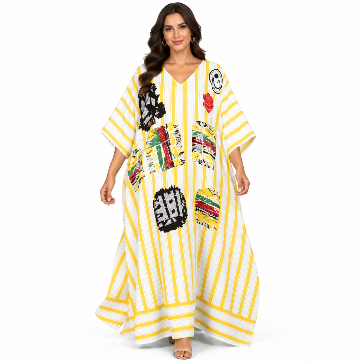 Yellow White Striped Artistic Baju Kaftan