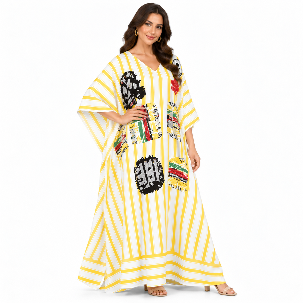 Yellow White Striped Artistic Baju Kaftan