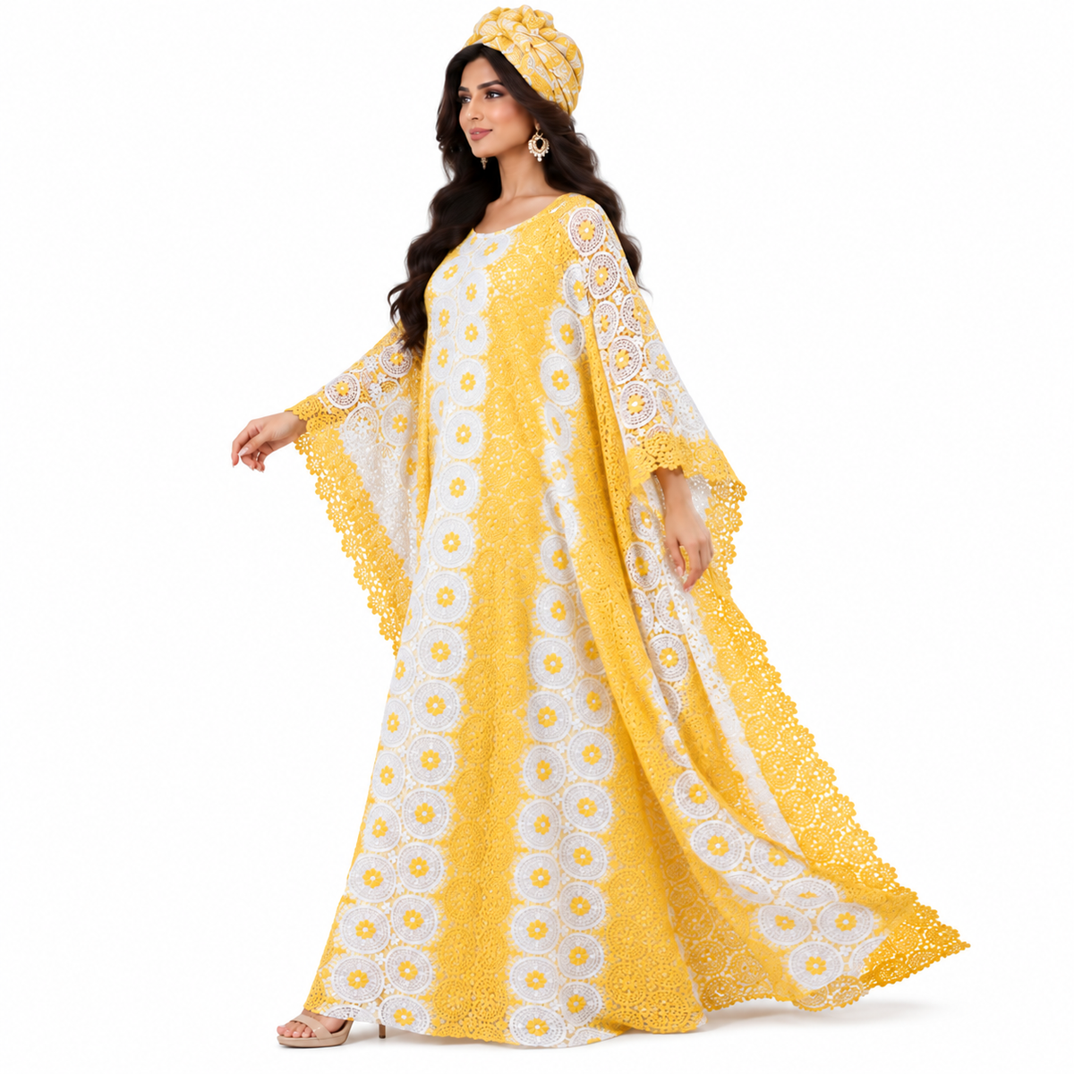 Golden Yellow White Lace Baju Kaftan