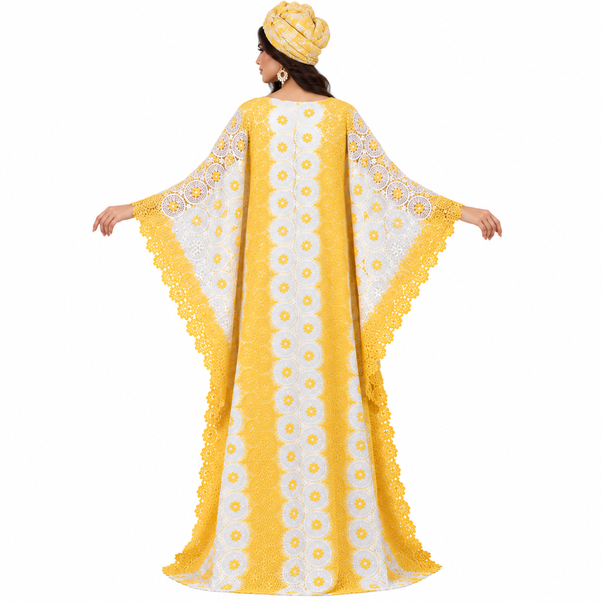 Golden Yellow White Lace Baju Kaftan