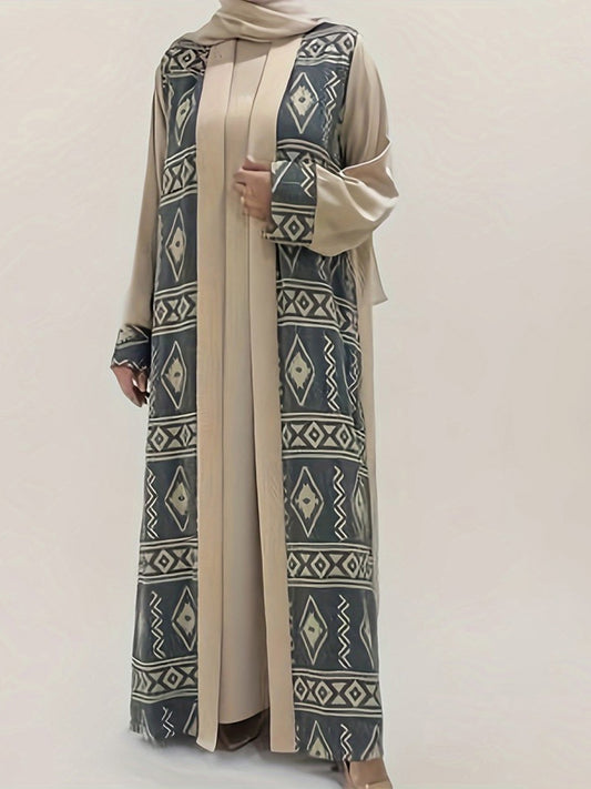 Women Abaya Burqa Long Loose Geometric Print Fake Two-Piece Long Sleeve Dress Middle Eastern Eid Clothes
