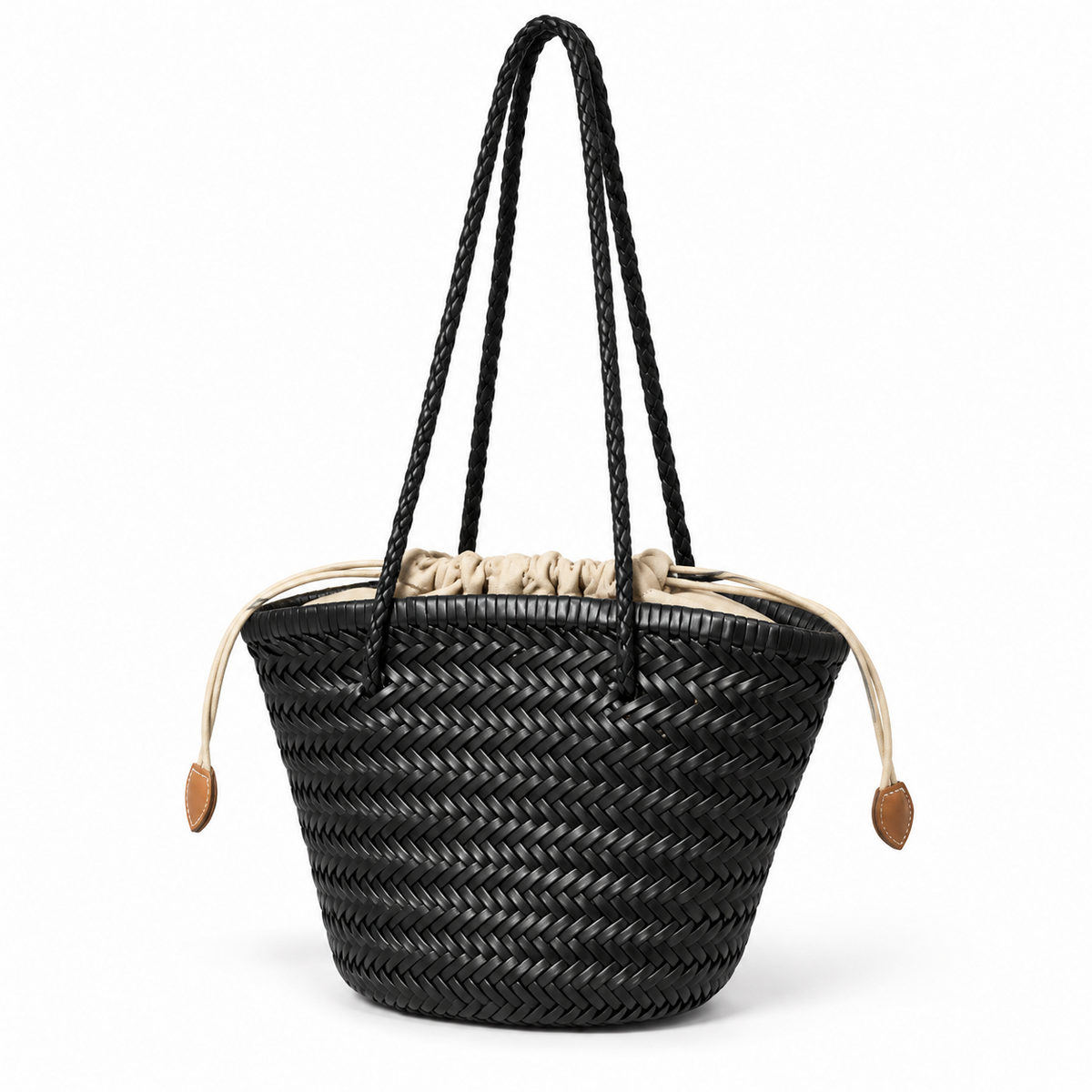 Black Woven Tote With Braided Straps