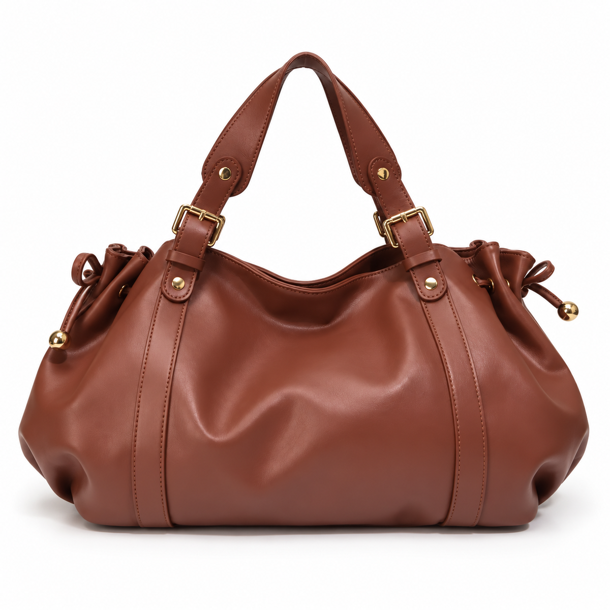 Elegant Brown Slouchy Handbag With Buckles