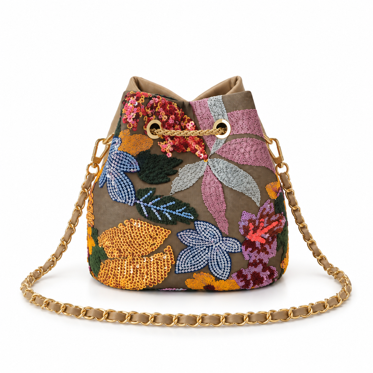 Floral Embroidered Sequin Chain Bucket Bag