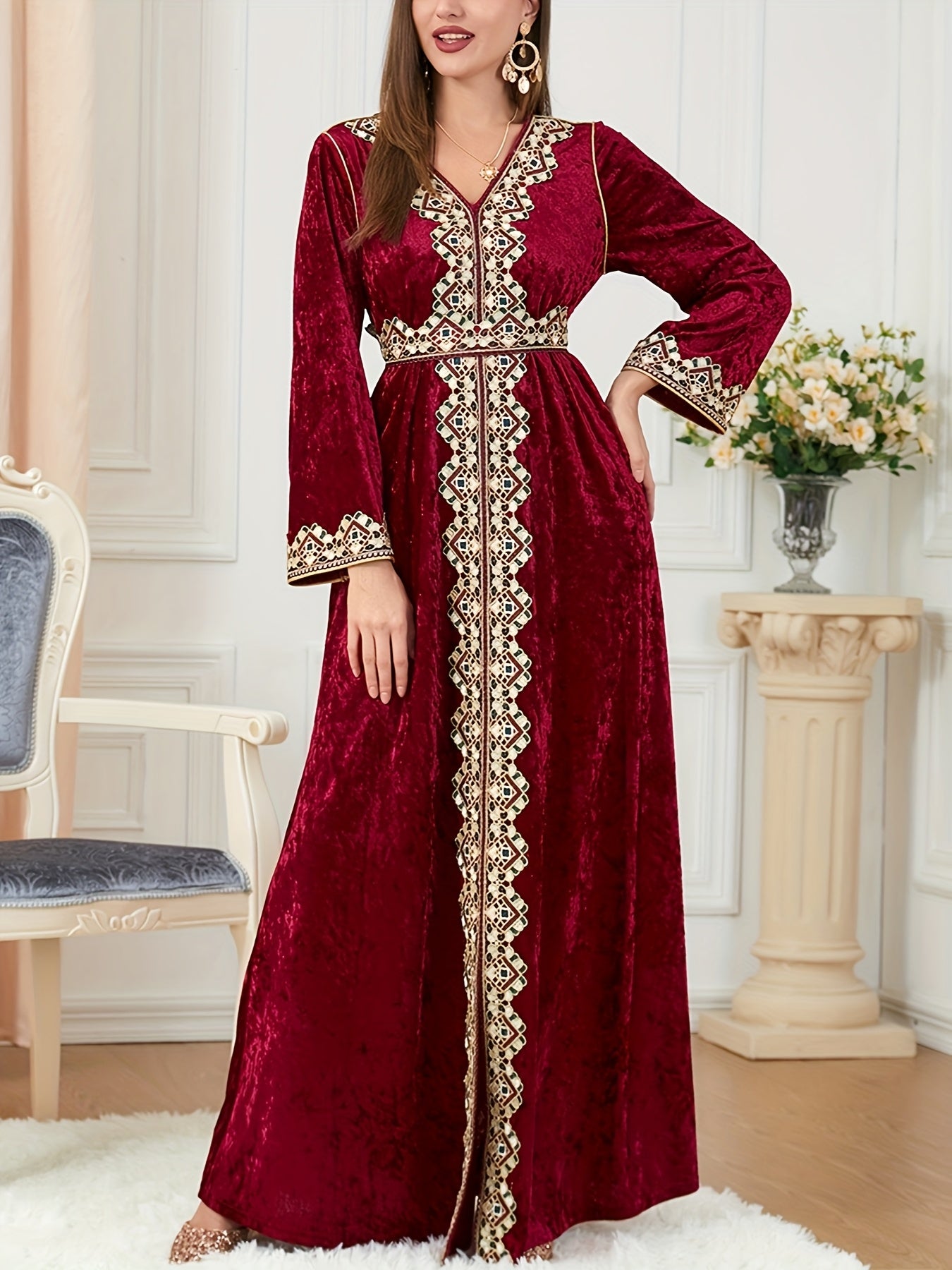 Women's Elegant Velvet Embroidery Abaya Kaftan - Long Sleeve V-Neck with Adjustable Waist Belt, A-Line Silhouette & Flared Hem for Modest Moroccan Turkish Arab Style
