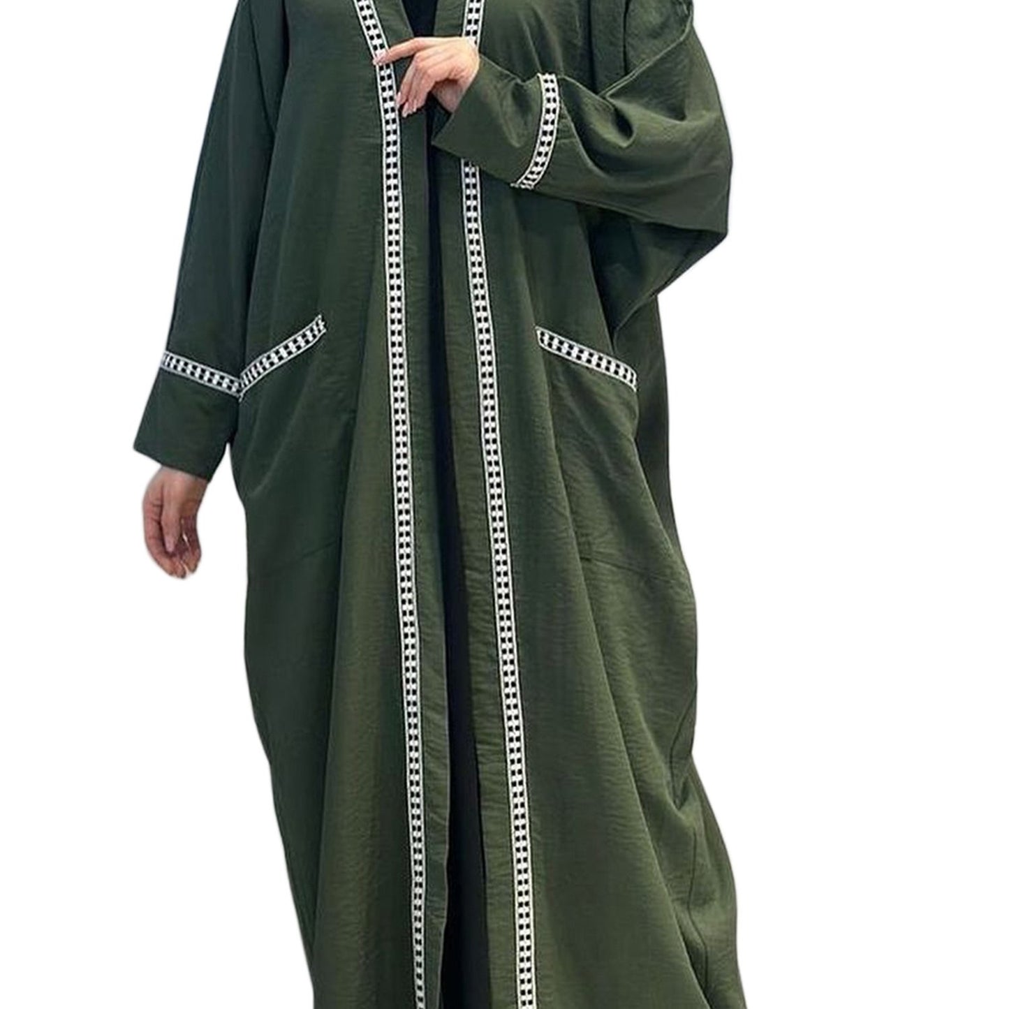 Women's Elegant Olive Green & Black Contrast Trim V-Neck Long Sleeve Kaftan Robe - Loose Fit All-Season Machine Washable Arab Cardigan for Home & Casual Wear, Decorative Detailing