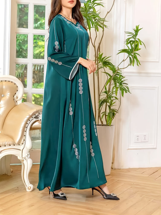 Middle Eastern Style - Simple Elegant Solid Color Square Neck Print Straight Long Sleeve Plus Size Maxi Arabic Abaya for Women