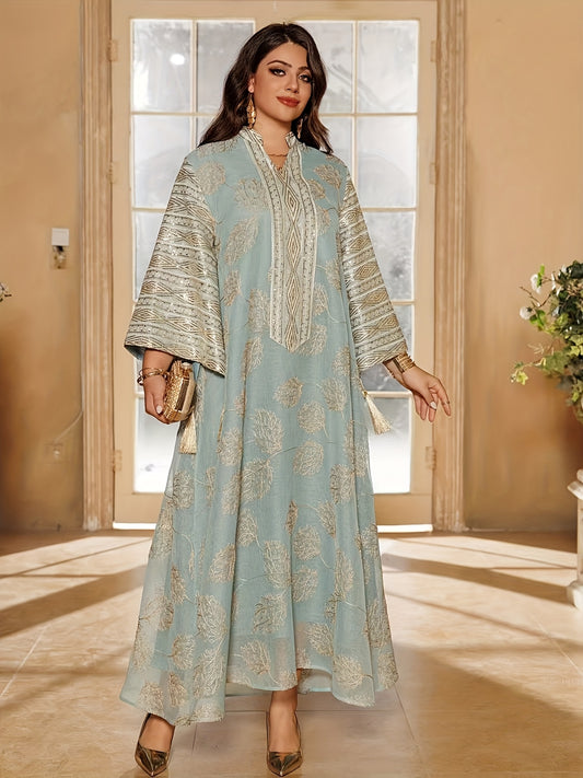 Elegant Blue & Golden Embroidered Abaya for Women - V-Neck, Split Sleeves, Asymmetrical Hem, Floor-Length Traditional Dress with Beaded Detailing, Perfect for Evening Wear, Allseason Abaya|Elegant Embroidery|Asymmetrical Hem