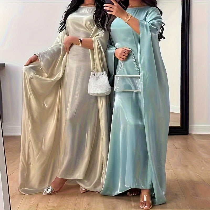 Women's Elegant Satin-Like Abaya Robe - Loose Fit Long Sleeve Breathable Muslim Dress with Middle Eastern-Inspired Design, Non-Stretch Fabric & Luxury Accessory Inclusion for Parties