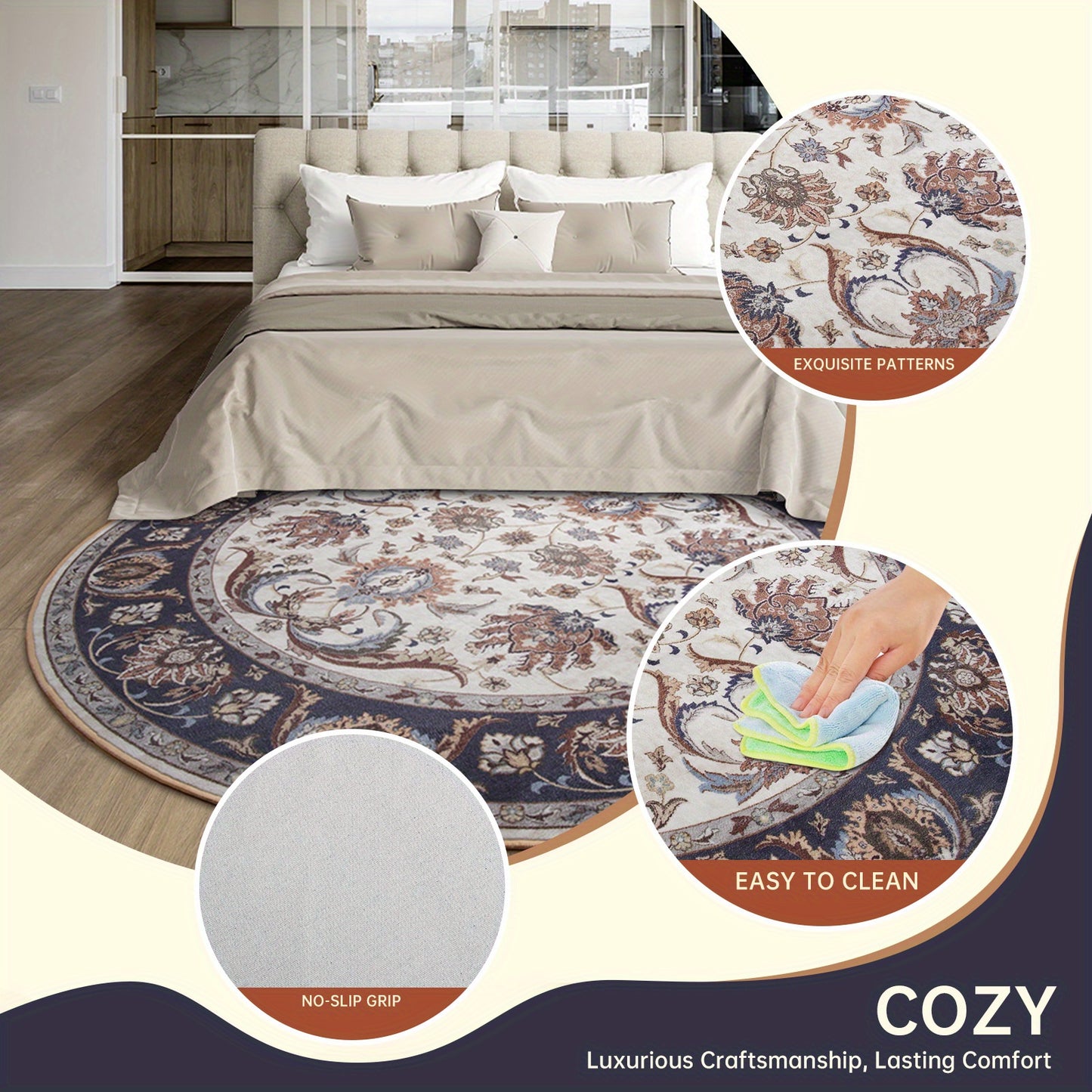 Retro imitation cashwool round Carpet is super soft and machine washable, Rugs suitable for home decoration, living room, bedroom, office