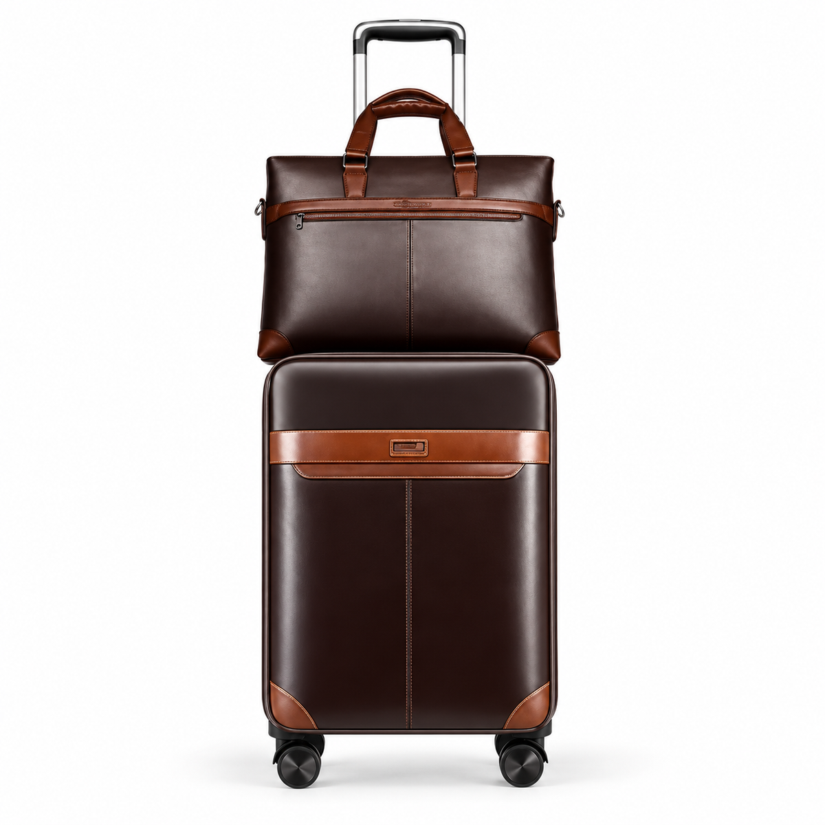 Brown Leather Trolley Luggage With Tote