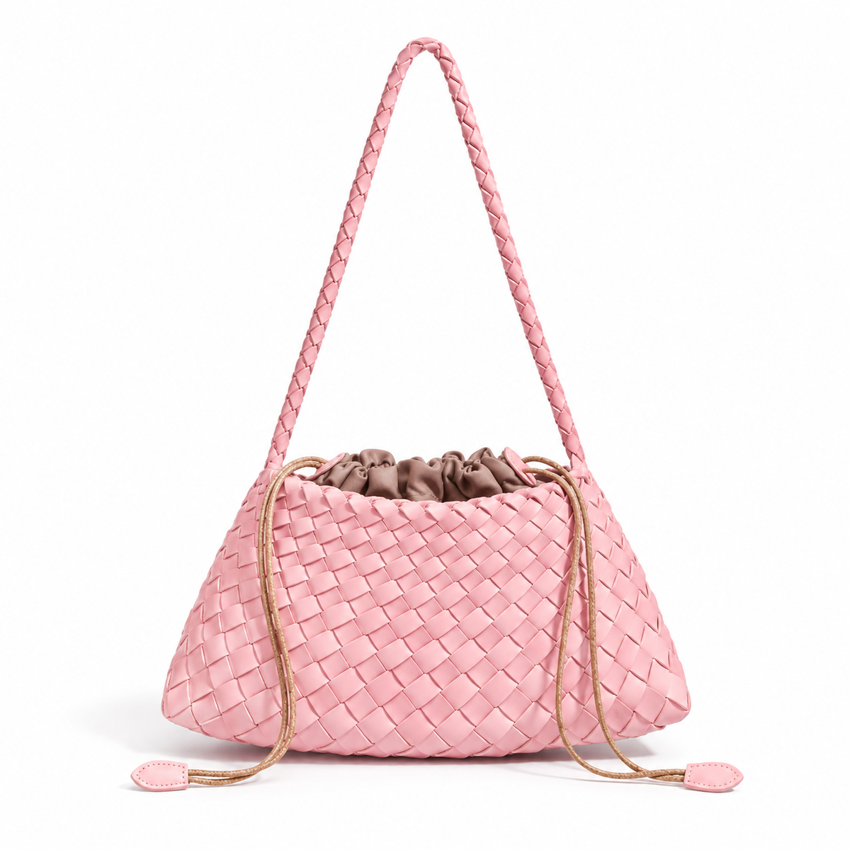 Pink Woven Shoulder Bag With Drawstring