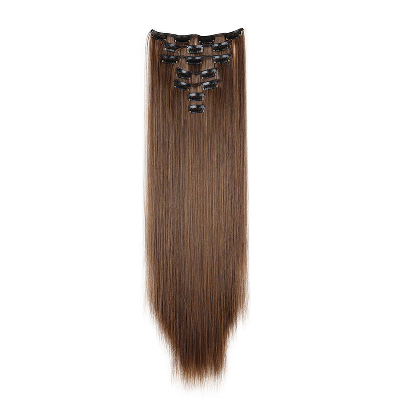 Long Straight Hair Extensions in a Seven-Piece Set, Suitable for Women, Featuring European And American Styles with 16 Clips for a Curtain Effect