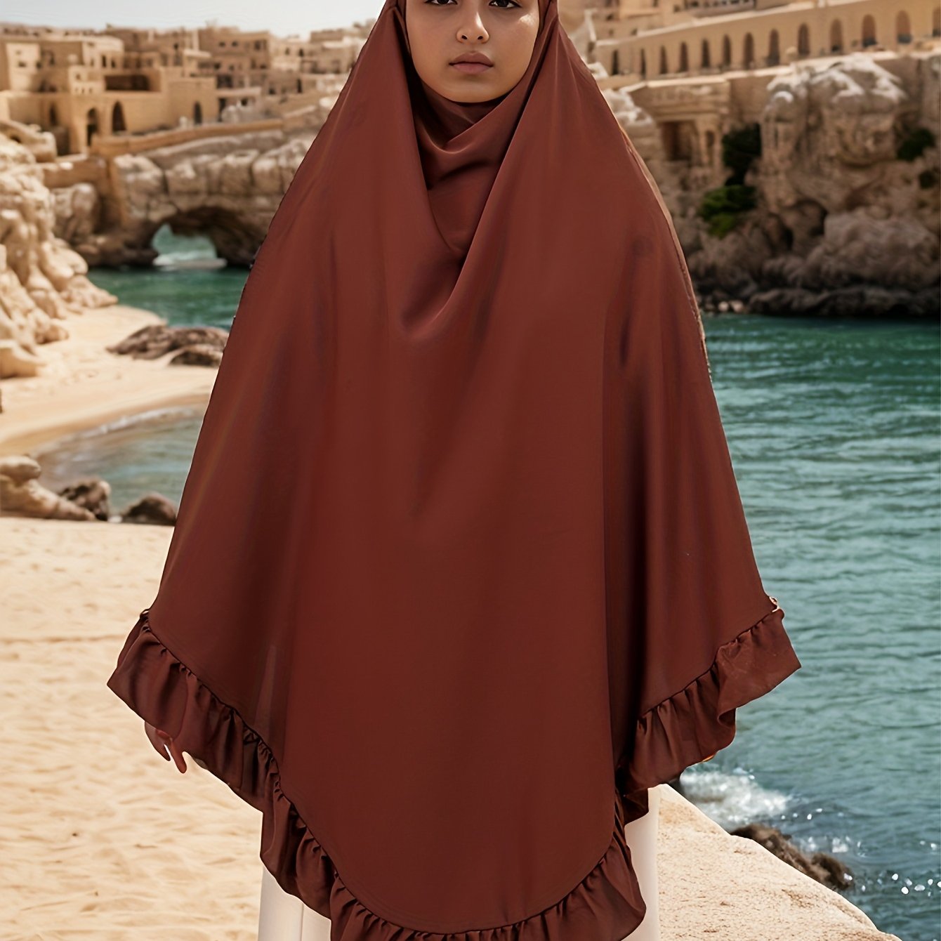 1pc Muslim Prayer Khimar Abaya Burqa - Arabian Style Modest Covering with Ruffled Hem & Wooden Edge, Machine Washable All-Season Solid Color Brown Hijab Scarf, Prayer Shawl for Women