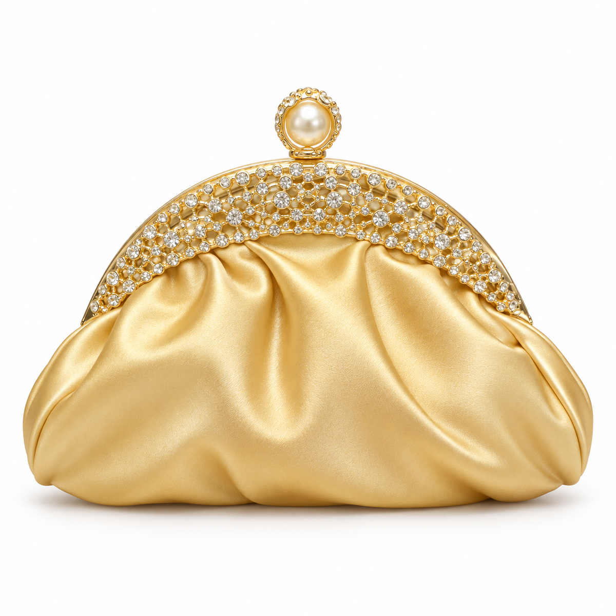 Gold Satin Rhinestone Pearl Evening Clutch