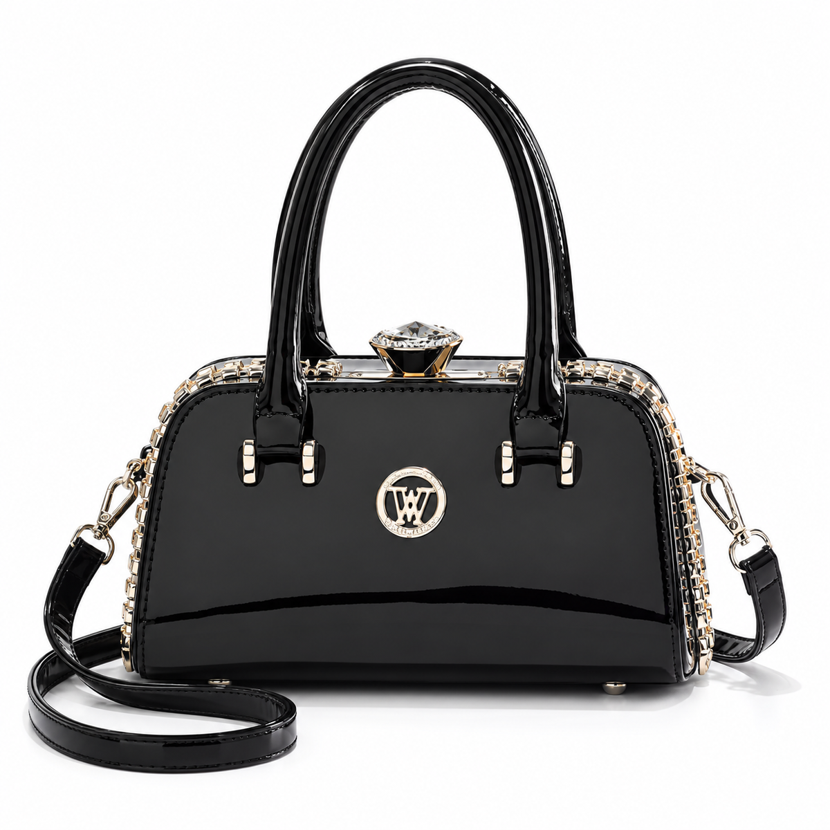 Elegant Black Glossy Handbag With Strap