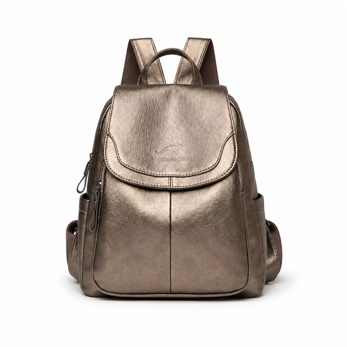 Metallic Bronze Flap Backpack With Pockets