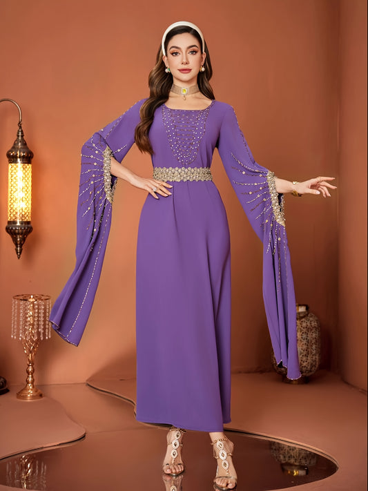 4006 Women's Loose-Fit Middle Eastern Modern Abaya Dress - Long Sleeve with Slit & Sequin Details, 100% Polyester Lightweight Spring/Summer Casual Elegant Dress for Modest Fashion