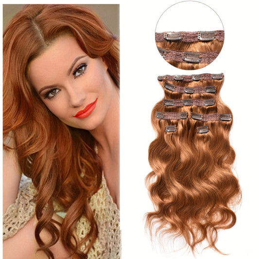 Meiverah Body Wave Clip-In Human Hair Extensions in Copper Red Shade, Made from Virgin Hair with Double Weft