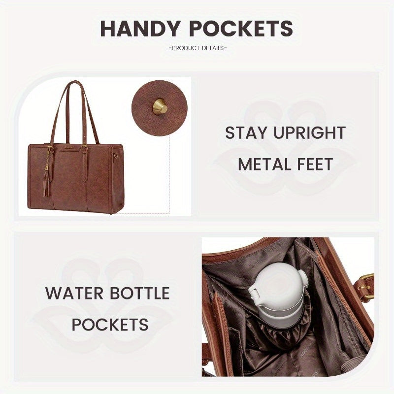 Women's Vintage Laptop Leather Tote Bag 15.6 Inch with Clutch Purse - Large Capacity Work Bag, Multi-Pocket Organizer & Metal Feet, Convertible Shoulder/Crossbody Bag for Office, Travel