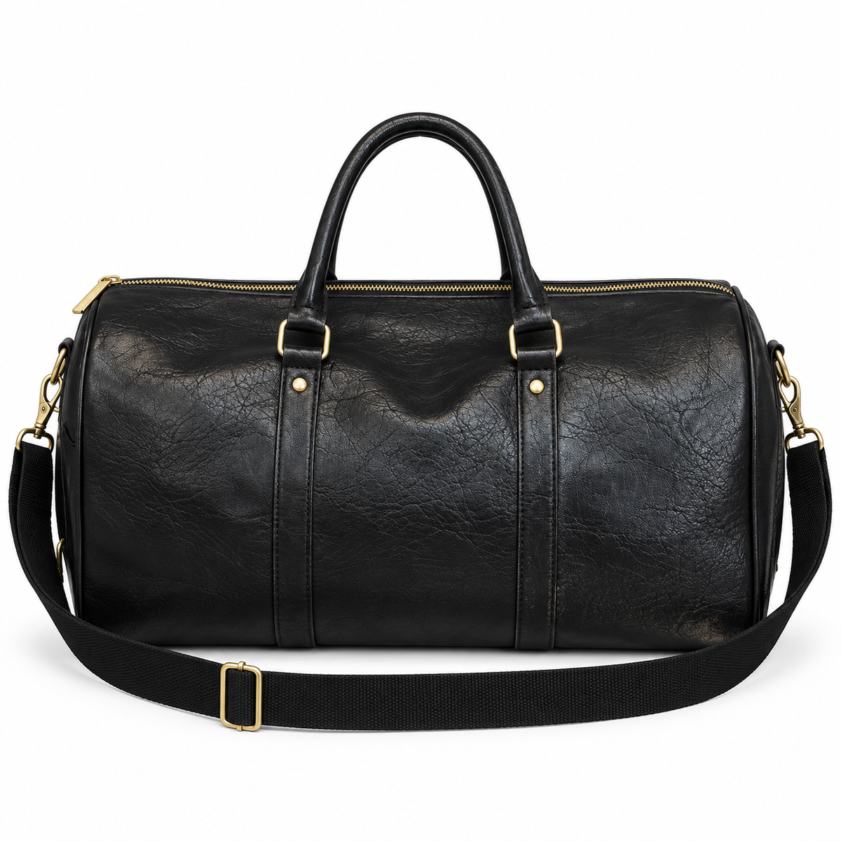 Classic Black Leather Travel Duffel Bag