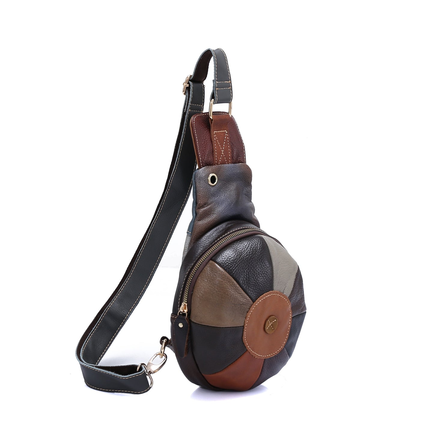 Leather Women's Sling Bag - Trendy Stitching Design, Outdoor Headphone Jack & Shoulder Strap - For Women - Suitable for Casual & Outdoor Activities