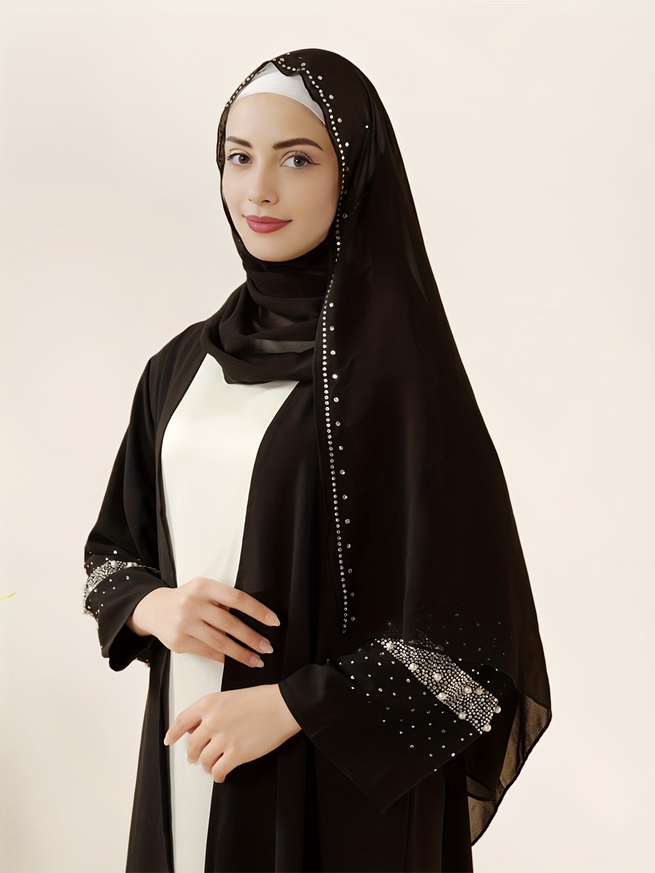 2pcs/Elegant black Muslim Pakistani Abaya with faux pearl embellishments, paired with a matching hijab scarf, made of lightweight and breathable fabric, suitable for prayer, family gatherings, or daily wear