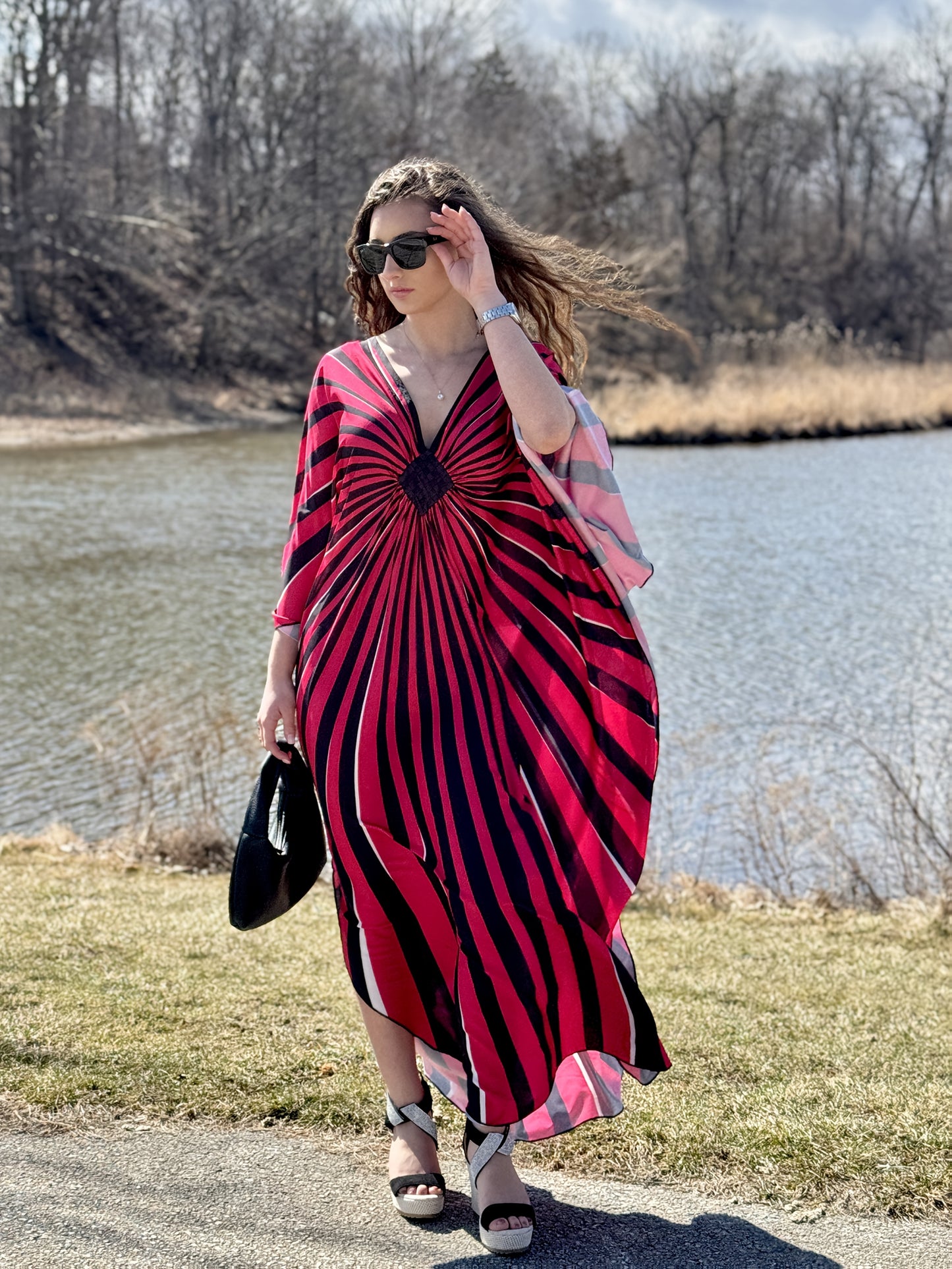 Plus Size - Bohemian Stripe Print Kaftan Dress for Women - V-Neck, Half Sleeve, Long Length, Lightweight Polyester, Perfect for Beach Coverup & Casual Vacation, Plus Size, Spring/Summer/Fall Wear, Beach Dress