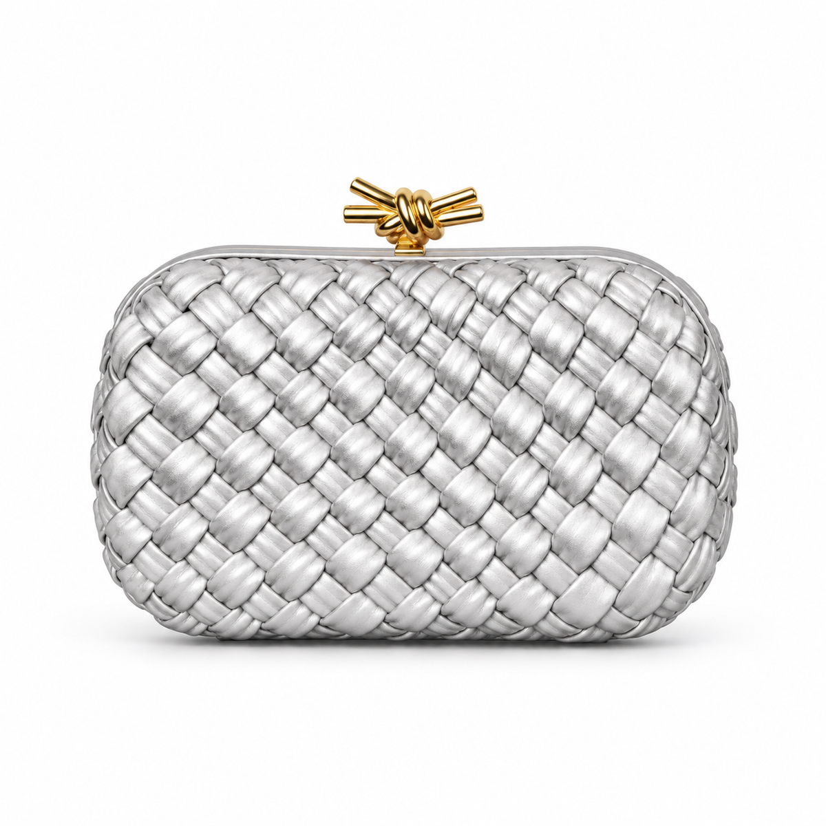 Silver Woven Clutch With Golden Knot