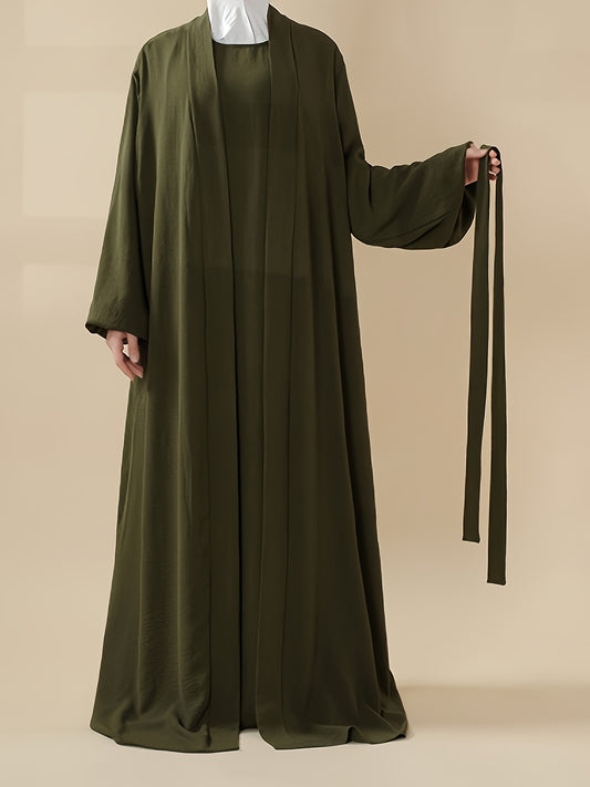 3pcs Elegant Open Arabic Abaya & Pocket Belt Abaya Set - Solid Color, Stretchy Polyester, Breathable for Spring/Summer - Ideal for Ramadan & Muslim Women, Lightweight Islamic Kaftan Dresse