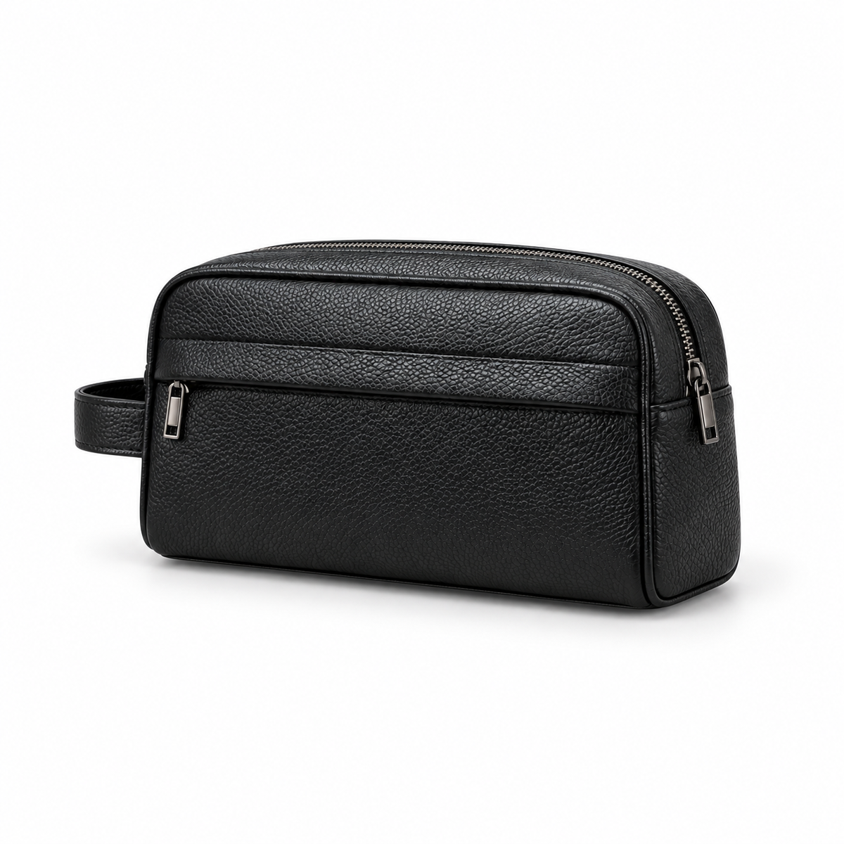 Black Pebbled Leather Toiletry Bag with Wrist Handle