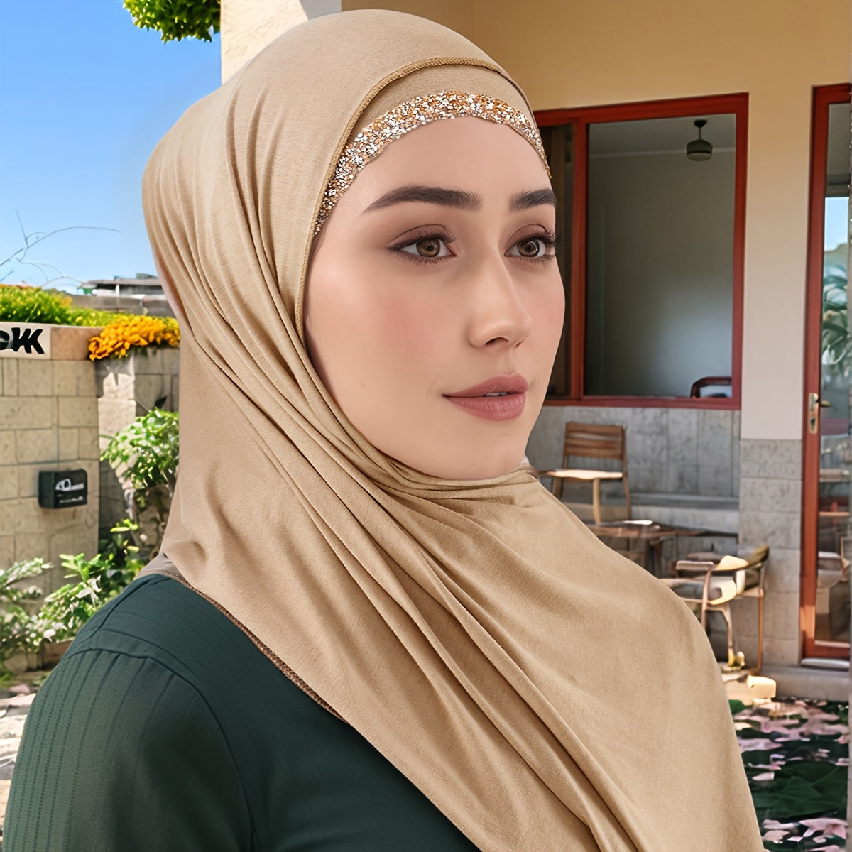 2pcs Ladies Elegant Rhinestone Decorated Headscarf And Cap + Solid-colored Hijab - Breathable, Lightweight And Soft, Suitable for Daily Outings