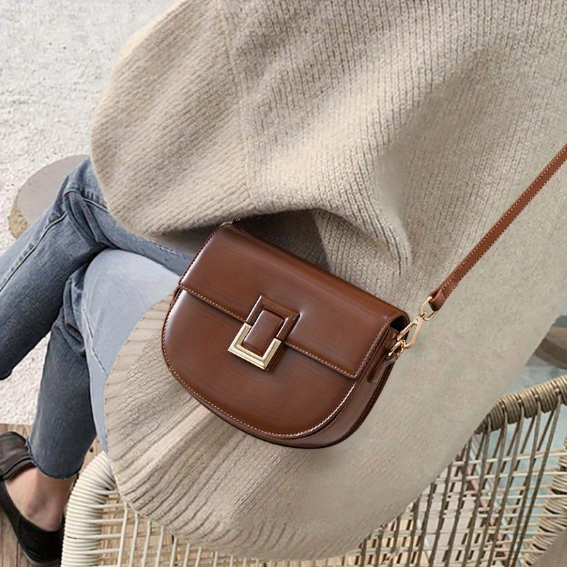 2025 New Style Women's Vintage Saddle Crossbody Bag - Genuine Leather Shoulder Bag with Golden-Tone Buckle Closure, Polyester Lining & Oil-Edged Trim
