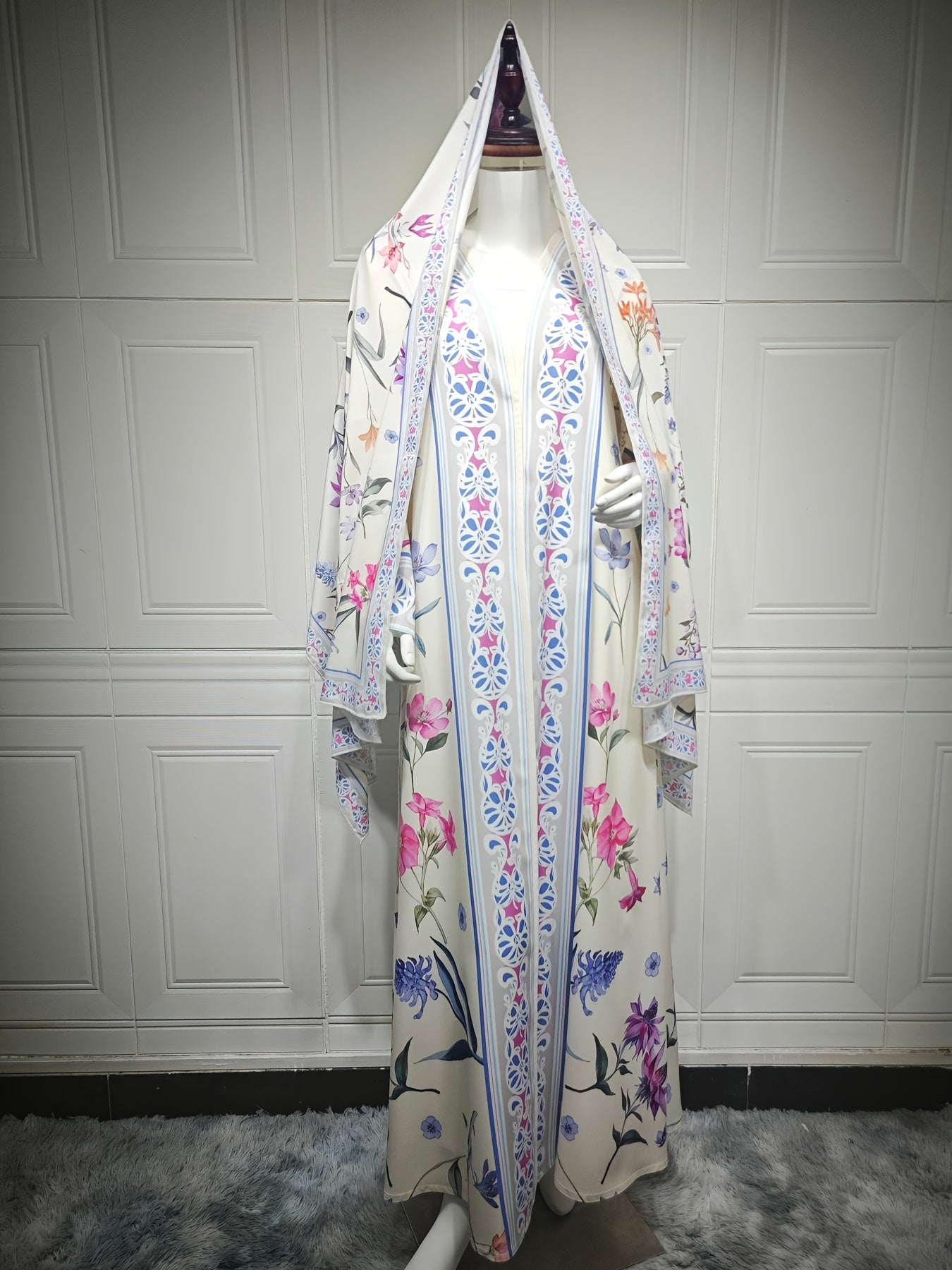 Floral Print V-Neck Abaya Robe with Long Sleeves - Lightweight Loose Fit Long Dress and Headscarf Set for Women, Spring/Summer Collection, Versatile Fashionable Long Robe, Headscarf 2pcs