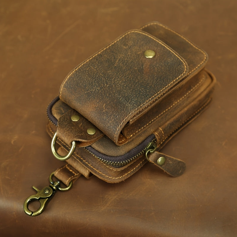 Men's Vintage Crazy Horse Top-Grain Vintage Leather Waist Bag, Casual Style, Multi-Functional Fanny Pack for Daily Commute, No Print, Durable Belt Hanging Pouch for Mobile Phone