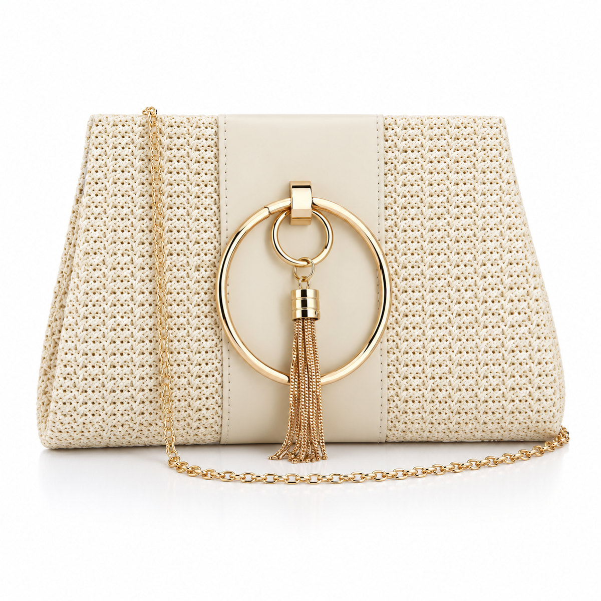 Ivory Woven Gold Tassel Shoulder Bag