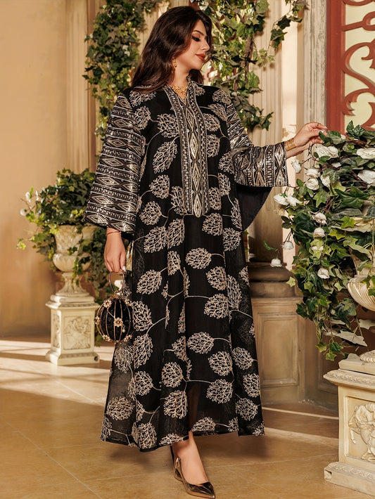 2025 Hot-Selling Black Mesh Embroidered Muslim Robe with Sequin Sleeves, Women's Elegant Kimono Abaya - Arabian Turkish Style for Eid al-Fitr, Travel, Party, and Home Evening Gown