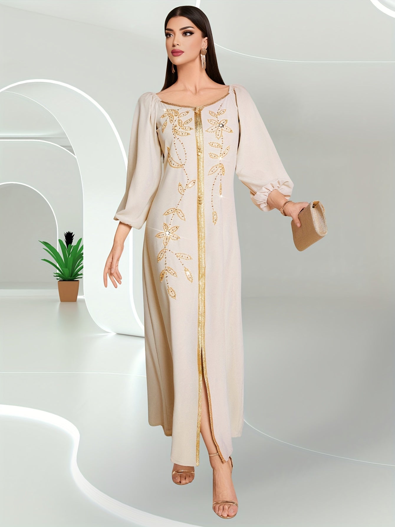 Elegant Long Sleeve Polyester Dress with Lantern Sleeves, Solid Color, Tie Back, and Belted Waist Palestinian Abaya