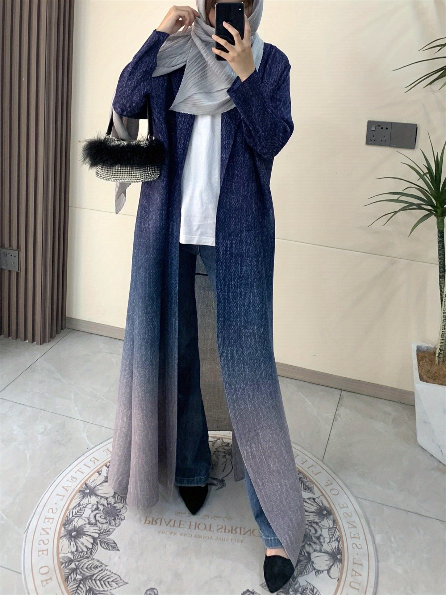 Miyake Women's Arab Noble Style Abaya Robe - High Stretch Pleated Long Sleeve Cloak with Adjustable Waist Belt, Geometric Print Ombre Blue to Grey, Machine Washable Lightweight Luxury for Eid