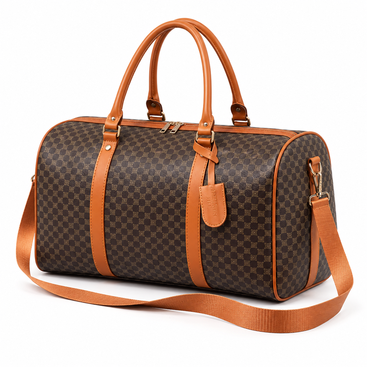 Classic Brown Patterned Leather Duffel Bag