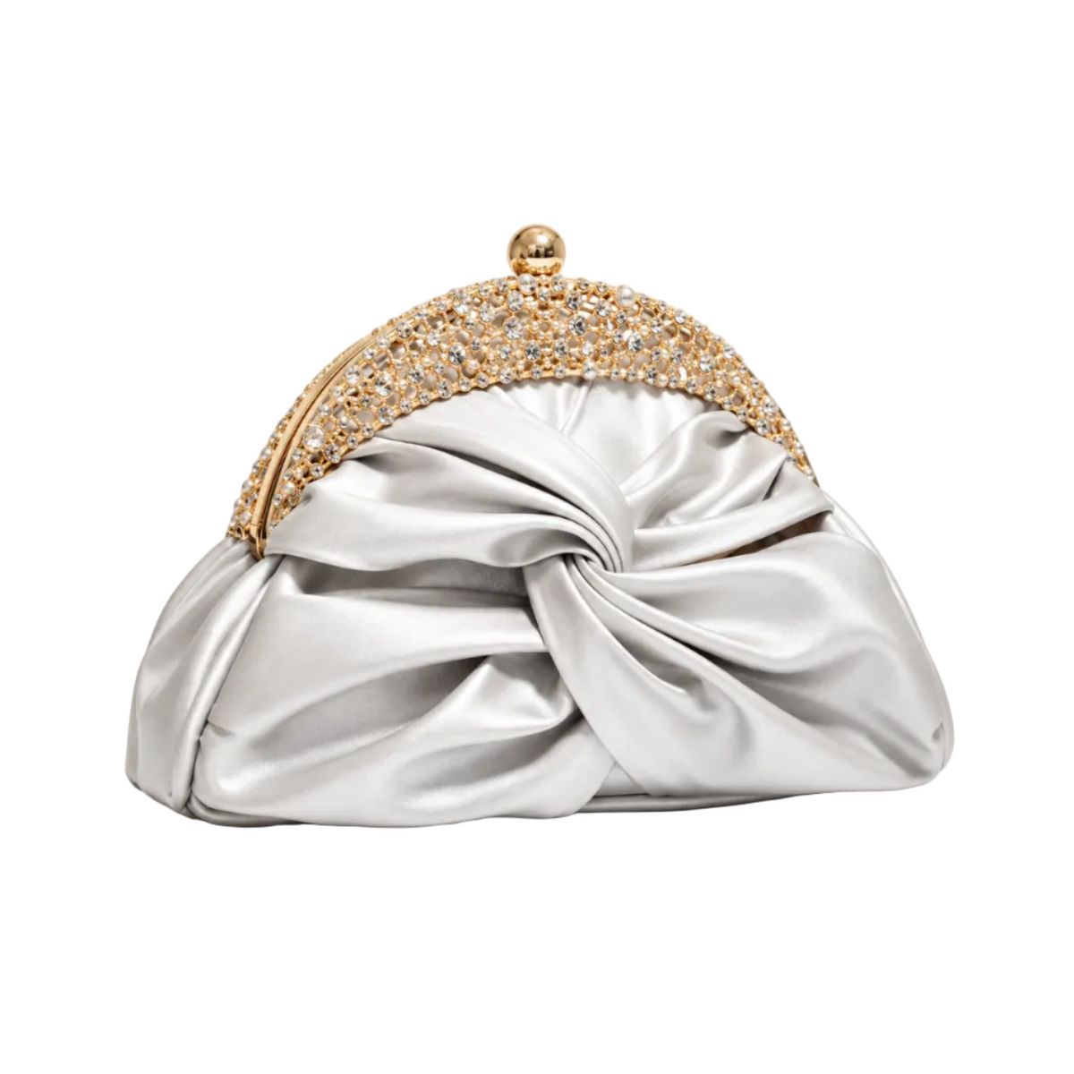 Silver Satin Knot Embellished Evening Clutch