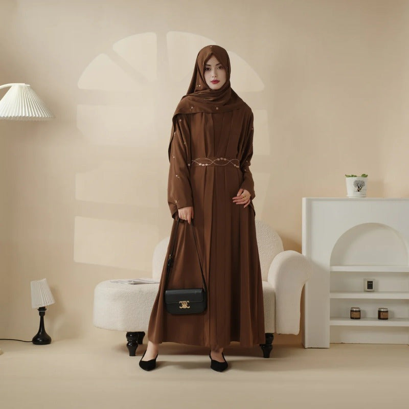 Tulip Embroidery Open Abaya 4pcs set: Includes open abaya, inner dress, matching belt, and hijab