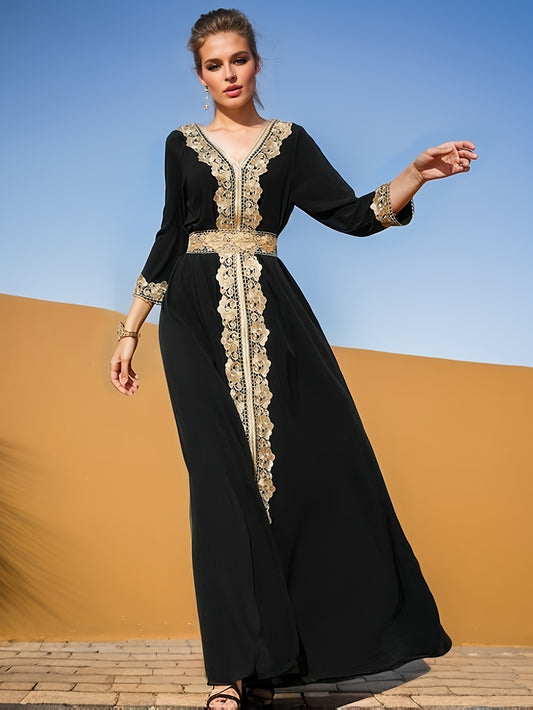 Elegant Golden Contrast Lace Detail Maxi Palestinian Abaya - V-Neck, Long Sleeve, Polyester, Formal or Evening Wear for Women, Formal Occasion Attire | Lace Detailing | Polyester Fabric