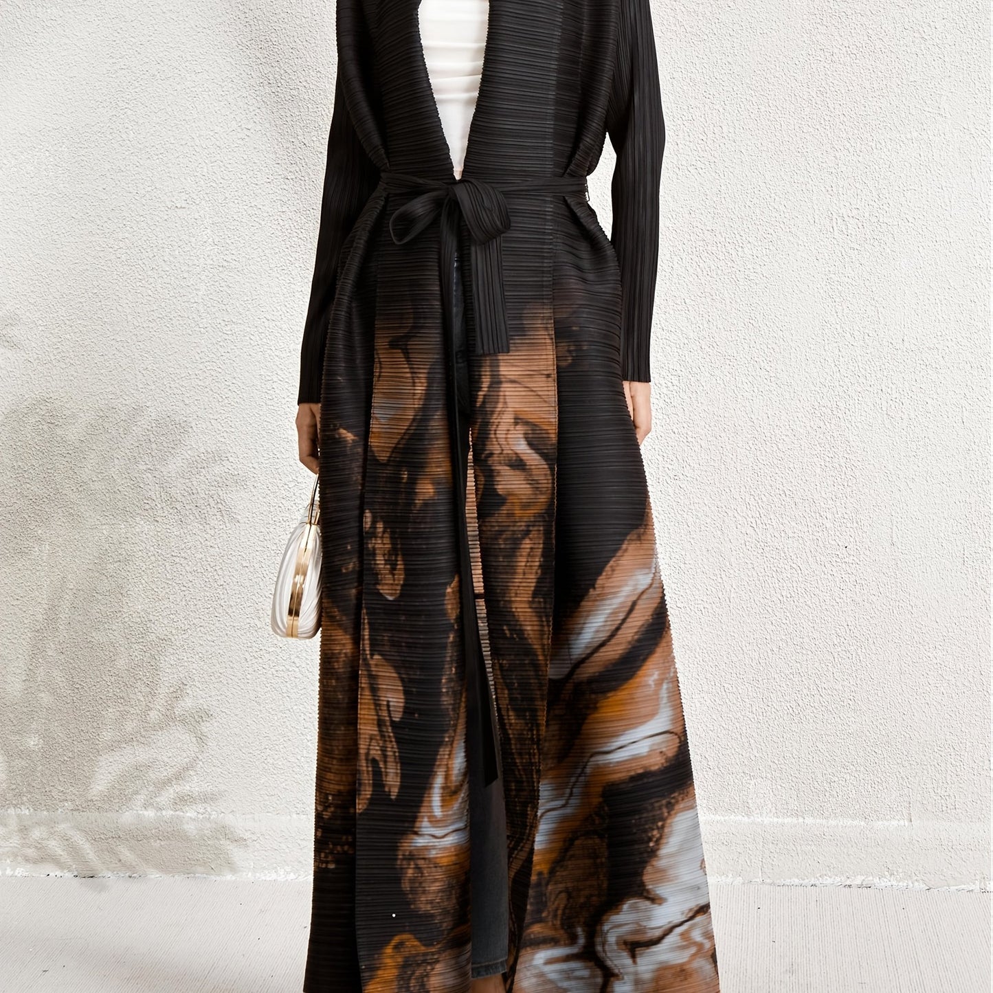 Women's Plus Size Geometric Print Long Sleeve Abaya Dress - Black & White Pleated Cardigan with Belt, Casual Loose-Fit Maxi Wrap for All Seasons