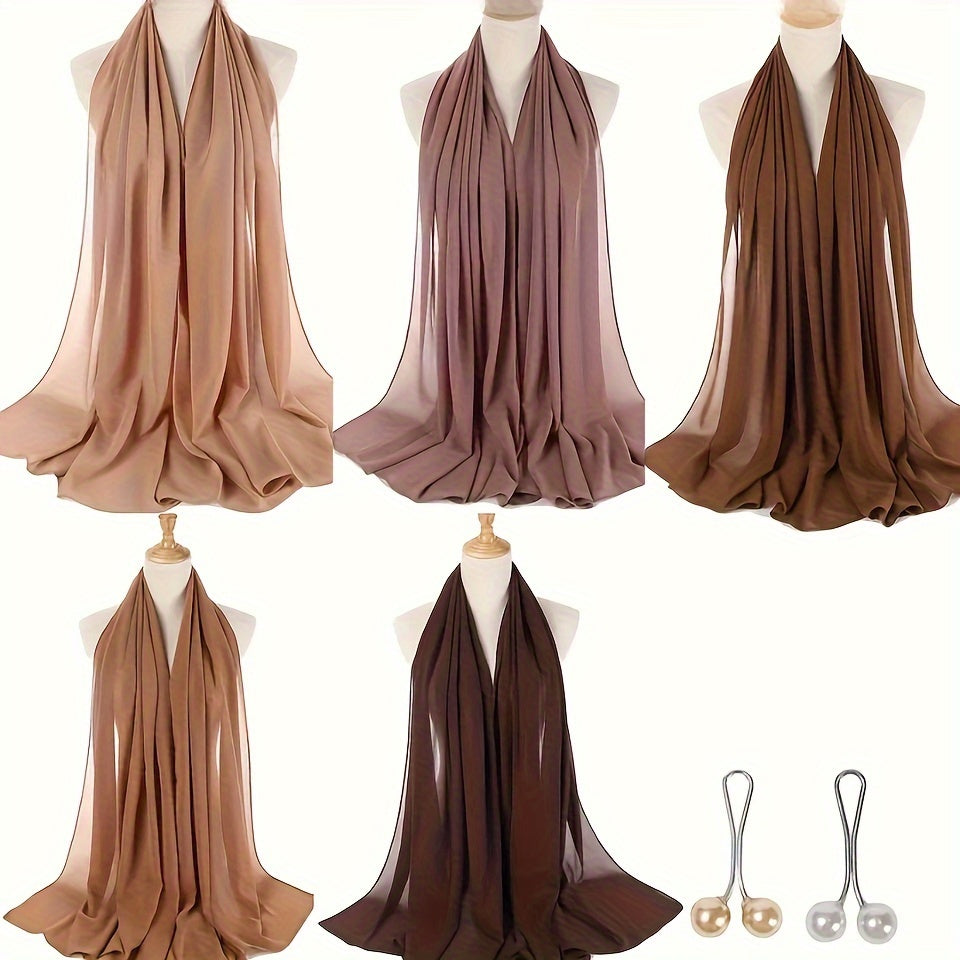 1box Solid Color Chiffon Hijab And Hijab Pins Thin Breathable Sunscreen Scarves (5pcs Minimalist Headscarfs + 2pcs Round Beads Clips), Hijab Set, Modest Fashion, Minimalist Scarf, Elegant Design, Delicate Weave, Lightweight F