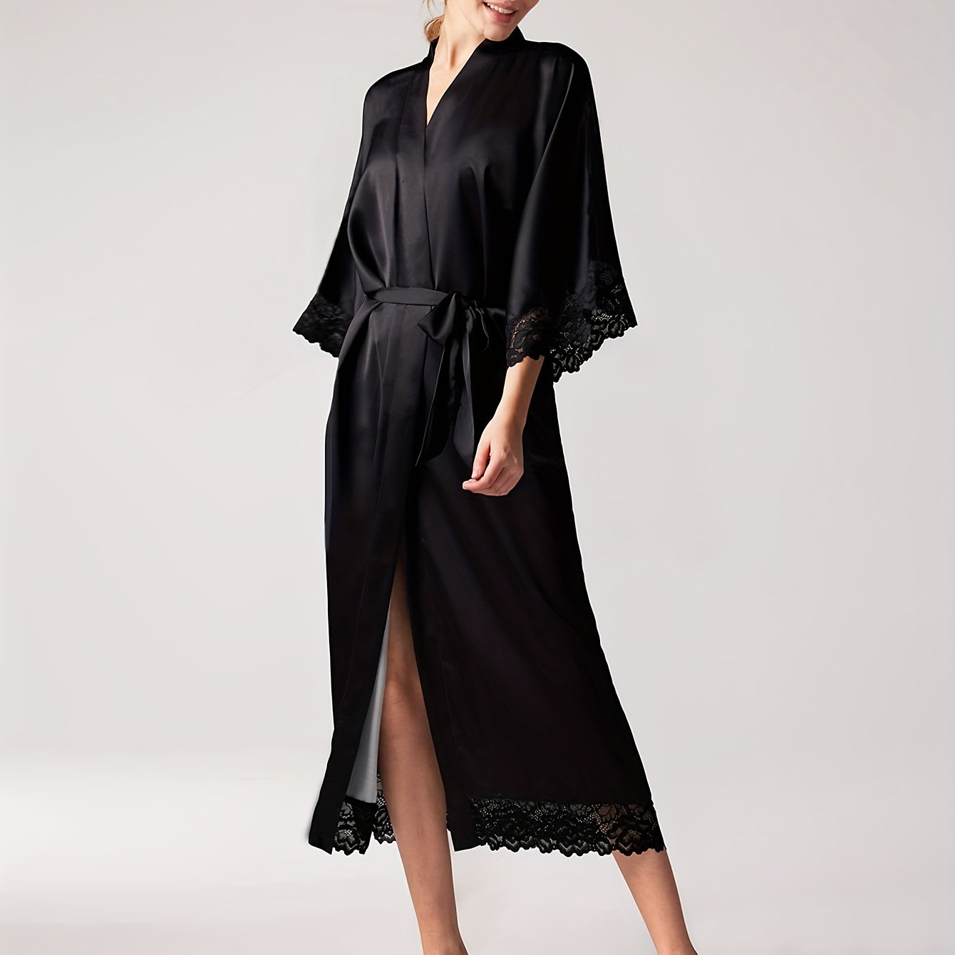 Satin Kimono Robe Long Bridesmaid Wedding Bath Robe With Lace Trim