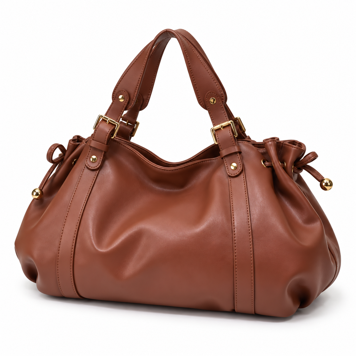 Elegant Brown Slouchy Handbag With Buckles